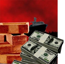 image of money, bricks and a black boat